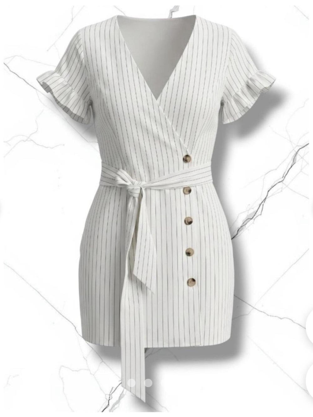 L'Academie Pinstripe Ruffle Sleeve Wrap Mini Dress in Off White